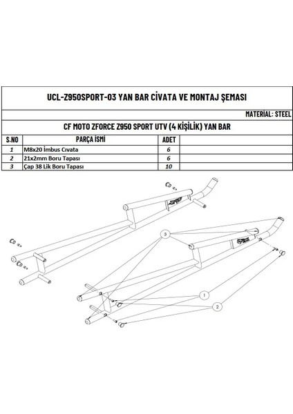 Cfmoto Z Force 950 Utv (4 Kişilik) Uyumlu Yan Koruma Barı