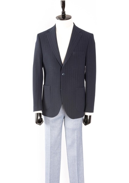 Erkek Iki Düğme Ceket Casual Torba Cep Mono Yaka Gofre Kumaş Lacivert