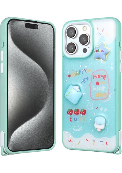 Apple iPhone 15 Pro Max Kılıf Parlayan Sıvılı Simli Kabartma Figürlü Akre Cevze Kapak-Yeşil