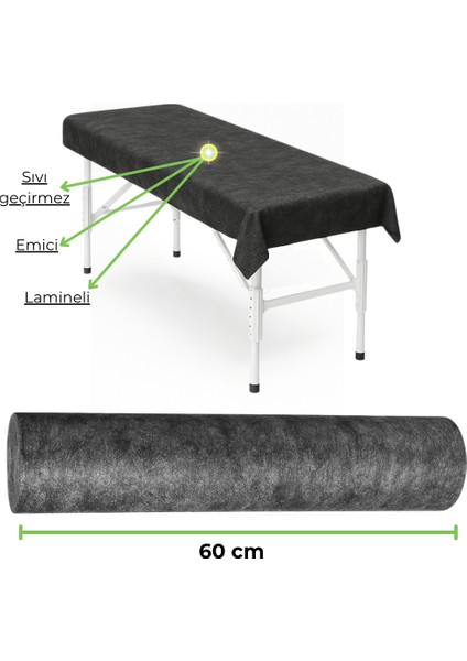 60 cm Sıvı Geçirmez Lamineli Sedye Örtüsü Muayene Masa Örtüsü Spa Masaj Örtüsü Siyah 1 Rulo