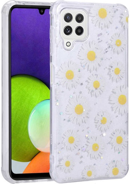 Galaxy M22 Kılıf Simli Desenli Kamera Korumalı Parlak Akre Popy Kapak-Papatya
