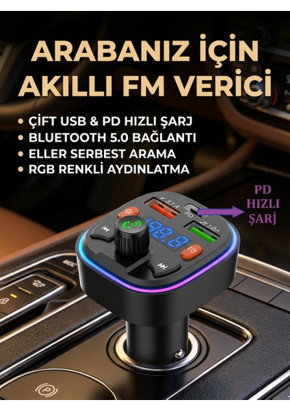 Bluetooth Araç Çakmaklık Fm Transmitter Işıklı | Mp3 Çalar | Type-C Hızlı Şarj | Araç Şarj Cihazı