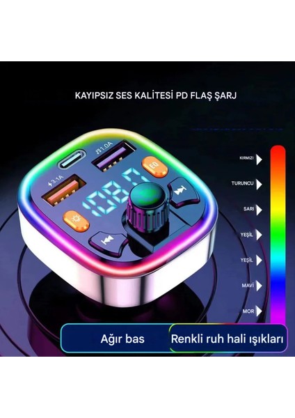 Bluetooth Araç Çakmaklık Fm Transmitter Işıklı | Mp3 Çalar | Type-C Hızlı Şarj | Araç Şarj Cihazı indirimleri