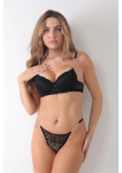 Siyah Zincir Detaylı Sütyen Takımı