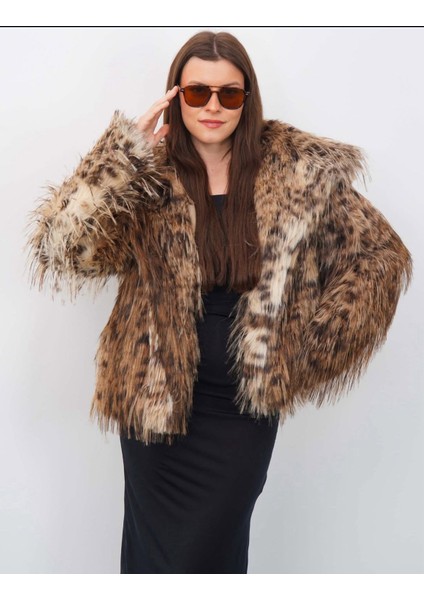 Kadın Şal Yaka Saçaklı Leopar Desen Kürk Mont | Astarlı – Çıtçıt Kapamalı – Çift Cepli