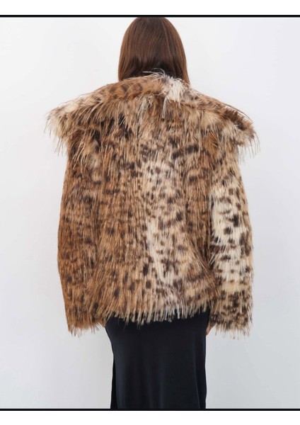 Kadın Şal Yaka Saçaklı Leopar Desen Kürk Mont | Astarlı – Çıtçıt Kapamalı – Çift Cepli fiyatları