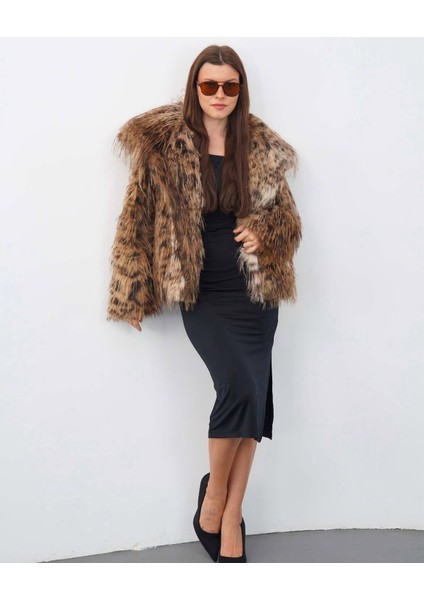 Kadın Şal Yaka Saçaklı Leopar Desen Kürk Mont | Astarlı – Çıtçıt Kapamalı – Çift Cepli modelleri
