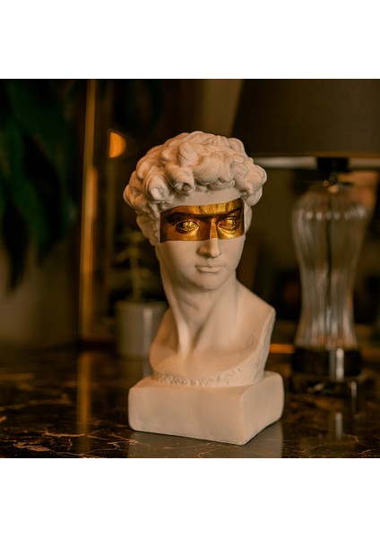 Dekoratif Davut Başı Heykel - Beyaz Renk - Gözü Gold