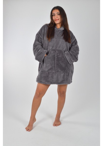 Welsoft Kapüşonlu Giyilebilir Tv Battaniyesi Unisex Peluş Oversize Panço Sabahlık