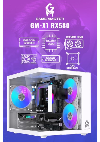 Gm-X1 Ryzen 5 5500 16GB Ram 512GB M.2 RX580 8gb 256 Bit Ekran Kartlı Rgb Mini Akvaryum Beyaz Gaming Kasa
