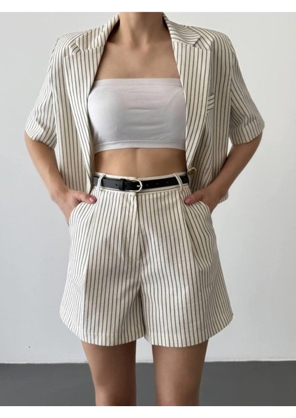 Ceket Şort Çizgili Kemerli Takım