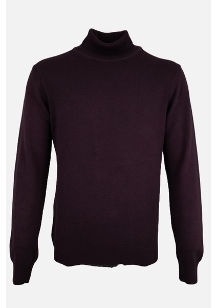 Erkek Tam Balıkçı Yaka Triko Kazak Slim Fit Yün Mürdüm