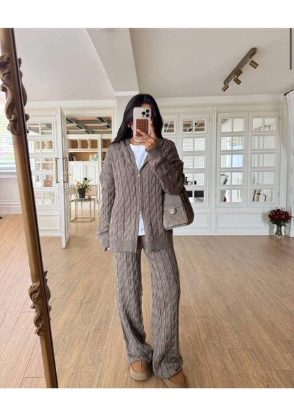 Oversize Vizon Kapüşonlu Saç Örgü Triko Hırka Pantolon Kadın Takım