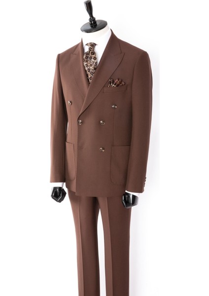 Erkek Kruvaze Takım Elbise Kırlangıç Yaka Yarım Astar Torba Cep Modern Fit Kahverengi modelleri