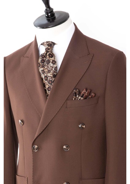 Erkek Kruvaze Takım Elbise Kırlangıç Yaka Yarım Astar Torba Cep Modern Fit Kahverengi fırsatları