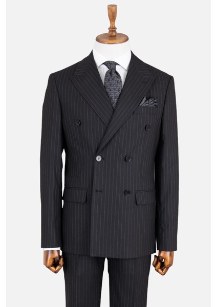 Erkek Kruvaze Takım Elbise Çizgili Kırlangıç Yaka Çift Yırtmaç Modern Fit Siyah