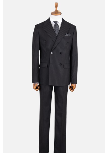 Erkek Kruvaze Takım Elbise Çizgili Kırlangıç Yaka Çift Yırtmaç Modern Fit Siyah modelleri
