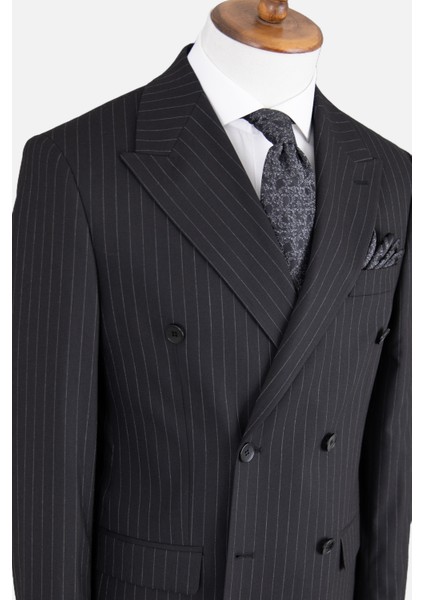Erkek Kruvaze Takım Elbise Çizgili Kırlangıç Yaka Çift Yırtmaç Modern Fit Siyah fırsatları