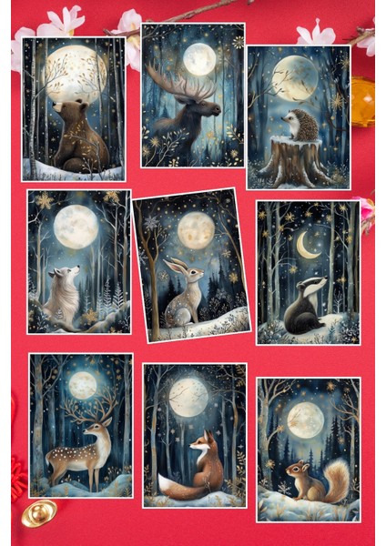 Gece Orman Hayvan Temalı Yeniyıl Dekratif 9'lu Kartpostal Seti