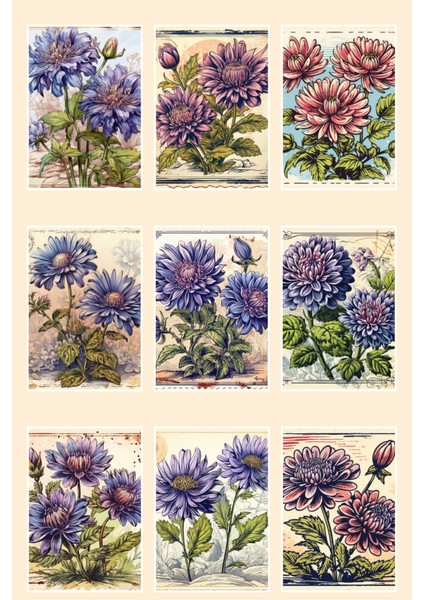 Retro Çiçekler Temalı 9'lu Kartpostal