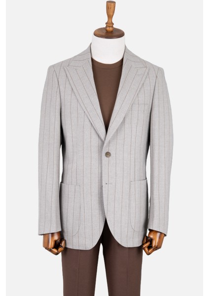 Erkek Iki Düğme Ceket Yarım Astar Çizgili Torba Cep Casual Metal Düğme A.gri