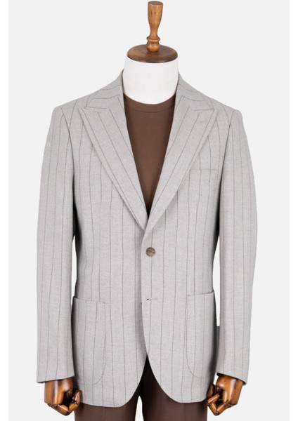 Erkek Iki Düğme Ceket Yarım Astar Çizgili Torba Cep Casual Metal Düğme A.gri