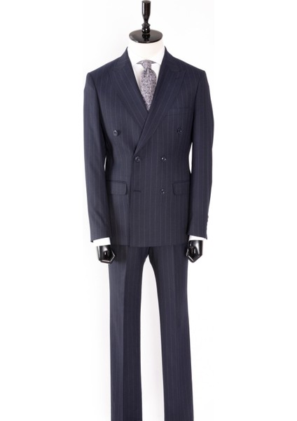 Erkek Kruvaze Takım Elbise Silik Çizgili Kırlangıç Yaka Çift Yırtmaç Modern Fit A.lacivert