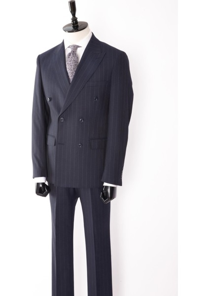 Erkek Kruvaze Takım Elbise Silik Çizgili Kırlangıç Yaka Çift Yırtmaç Modern Fit A.lacivert modelleri