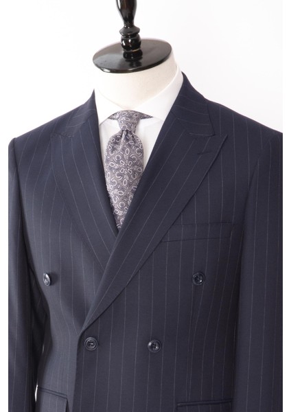Erkek Kruvaze Takım Elbise Silik Çizgili Kırlangıç Yaka Çift Yırtmaç Modern Fit A.lacivert fırsatları