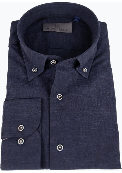 Erkek Düğmeli Yaka Gömlek Keten Uzun Kollu Rahat Kalıp Lacivert