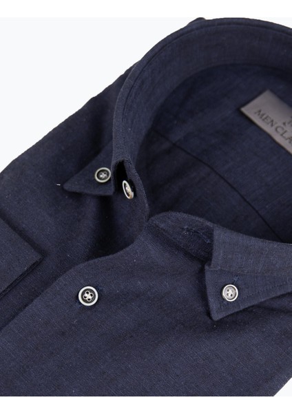 Erkek Düğmeli Yaka Gömlek Keten Uzun Kollu Rahat Kalıp Lacivert fiyatları