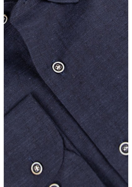 Erkek Düğmeli Yaka Gömlek Keten Uzun Kollu Rahat Kalıp Lacivert modelleri