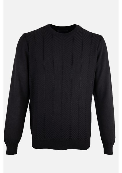 Erkek Bisiklet Yaka Triko Kazak Balıksırtı Desen Yün Modern Fit Siyah