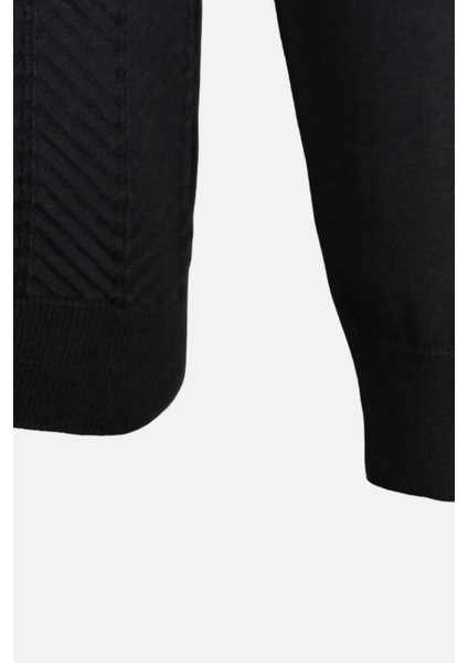 Erkek Bisiklet Yaka Triko Kazak Balıksırtı Desen Yün Modern Fit Siyah modelleri