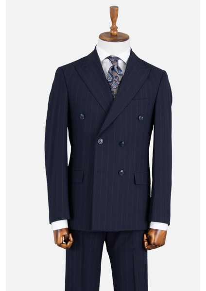 Erkek Kruvaze Takım Elbise Çizgili Kırlangıç Yaka Çift Yırtmaç Modern Fit Lacivert