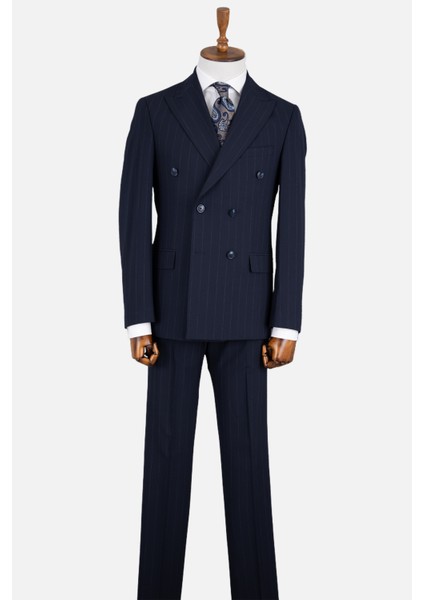 Erkek Kruvaze Takım Elbise Çizgili Kırlangıç Yaka Çift Yırtmaç Modern Fit Lacivert modelleri