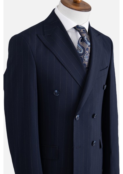 Erkek Kruvaze Takım Elbise Çizgili Kırlangıç Yaka Çift Yırtmaç Modern Fit Lacivert fırsatları