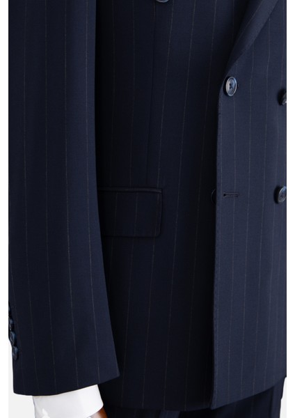 Erkek Kruvaze Takım Elbise Çizgili Kırlangıç Yaka Çift Yırtmaç Modern Fit Lacivert indirimleri