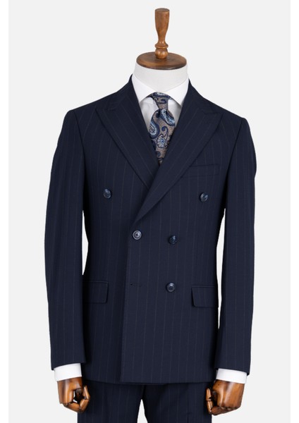 Erkek Kruvaze Takım Elbise Çizgili Kırlangıç Yaka Çift Yırtmaç Modern Fit Lacivert