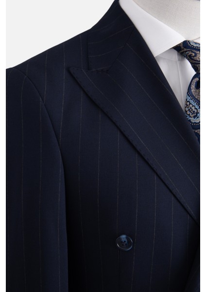 Erkek Kruvaze Takım Elbise Çizgili Kırlangıç Yaka Çift Yırtmaç Modern Fit Lacivert