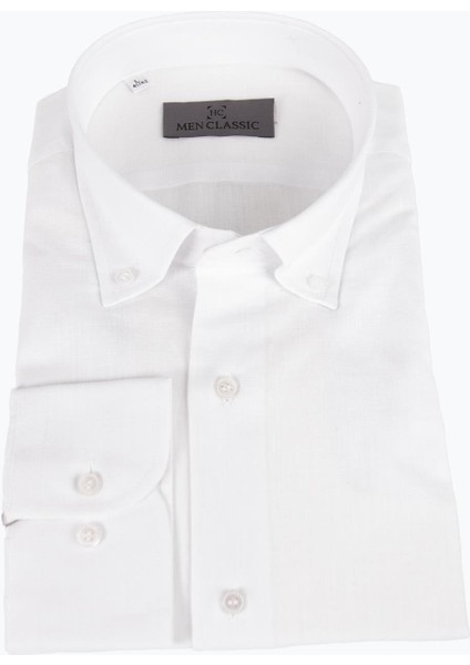 Erkek Düğmeli Yaka Gömlek Keten Uzun Kollu Rahat Kalıp Beyaz