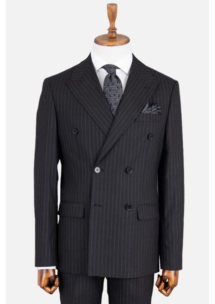Erkek Kruvaze Takım Elbise Çizgili Kırlangıç Yaka Çift Yırtmaç Modern Fit Siyah indirimleri