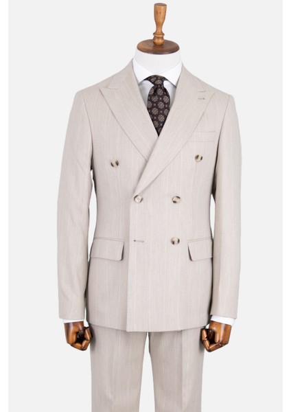 Erkek Kruvaze Takım Elbise Geniş Çizgili Kırlangıç Yaka Çift Yırtmaç Rahat Kalıp Bej