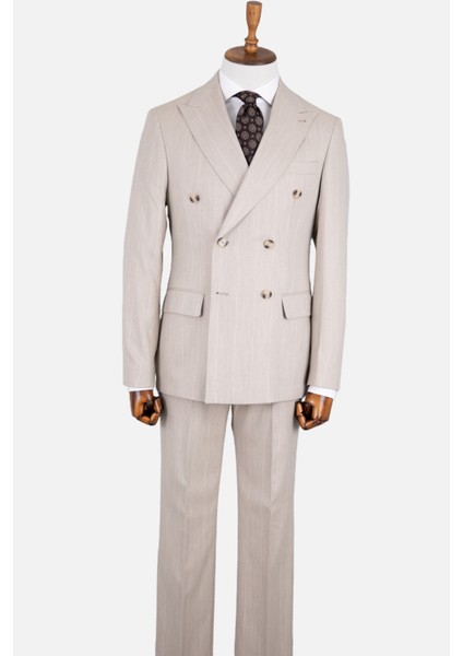 Erkek Kruvaze Takım Elbise Geniş Çizgili Kırlangıç Yaka Çift Yırtmaç Rahat Kalıp Bej modelleri
