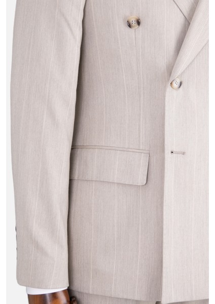 Erkek Kruvaze Takım Elbise Geniş Çizgili Kırlangıç Yaka Çift Yırtmaç Rahat Kalıp Bej indirimleri