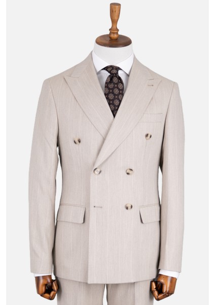Erkek Kruvaze Takım Elbise Geniş Çizgili Kırlangıç Yaka Çift Yırtmaç Rahat Kalıp Bej