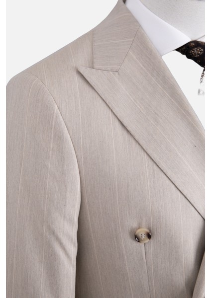 Erkek Kruvaze Takım Elbise Geniş Çizgili Kırlangıç Yaka Çift Yırtmaç Rahat Kalıp Bej