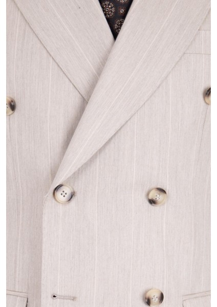 Erkek Kruvaze Takım Elbise Geniş Çizgili Kırlangıç Yaka Çift Yırtmaç Rahat Kalıp Bej