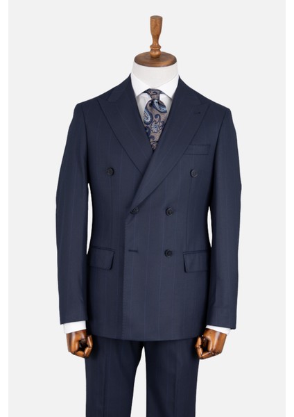 Erkek Kruvaze Takım Elbise Geniş Çizgili Kırlangıç Yaka Çift Yırtmaç Rahat Kalıp Lacivert