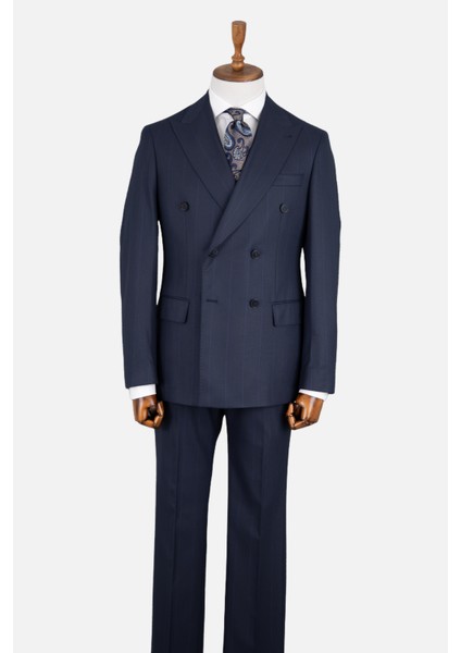 Erkek Kruvaze Takım Elbise Geniş Çizgili Kırlangıç Yaka Çift Yırtmaç Rahat Kalıp Lacivert modelleri